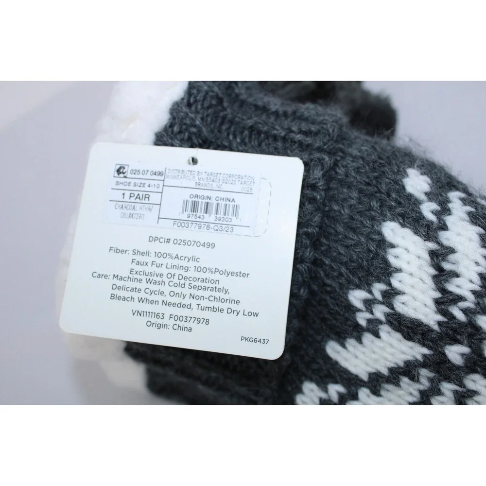 Joy Slipper Socks with Grippers Charcoal Fair Isle Snowflake Pom Pom NWT 4-10